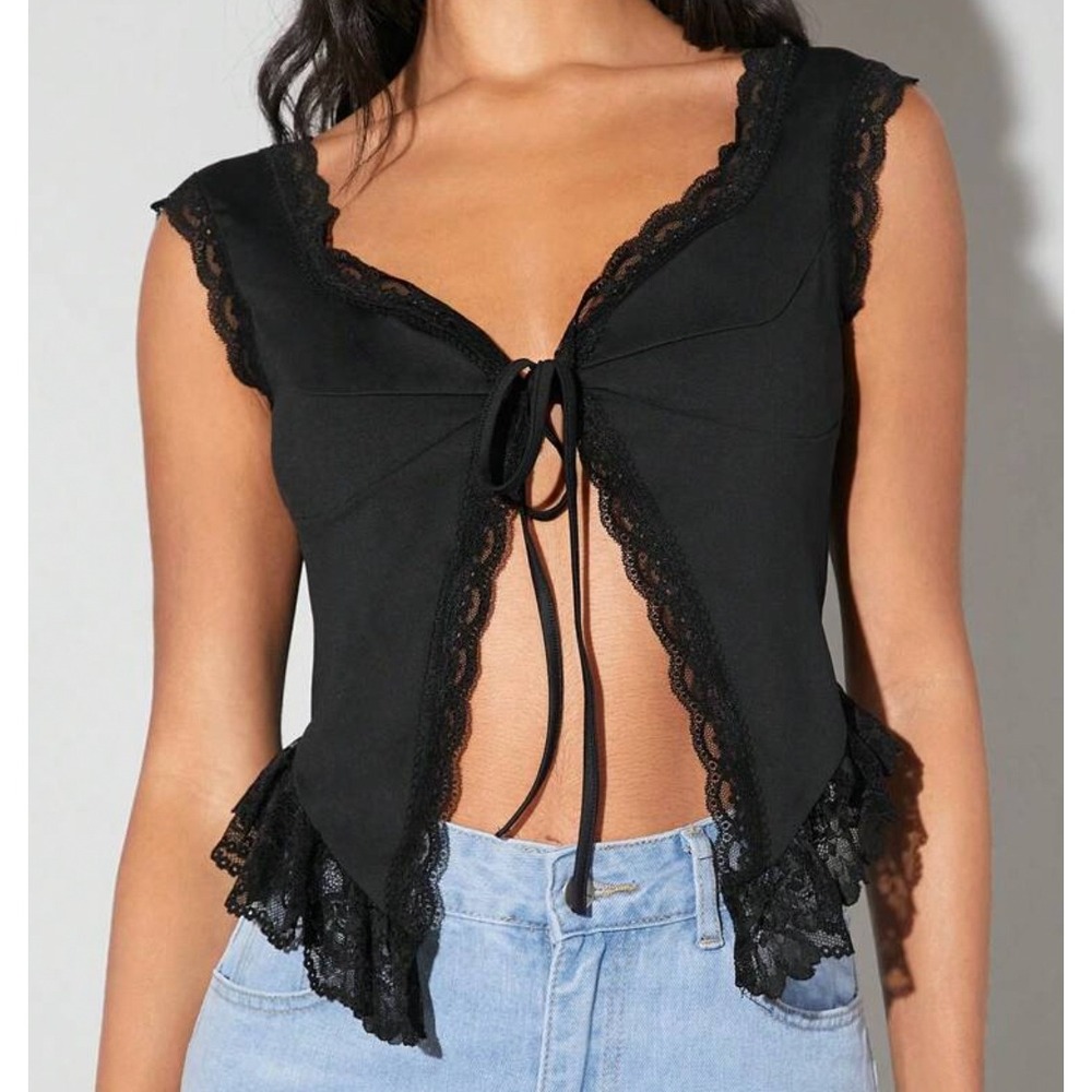 SHEINBAE Black Lace Trim Tie Front Open Camisole Top Fairy Goth Dark Medium NWT